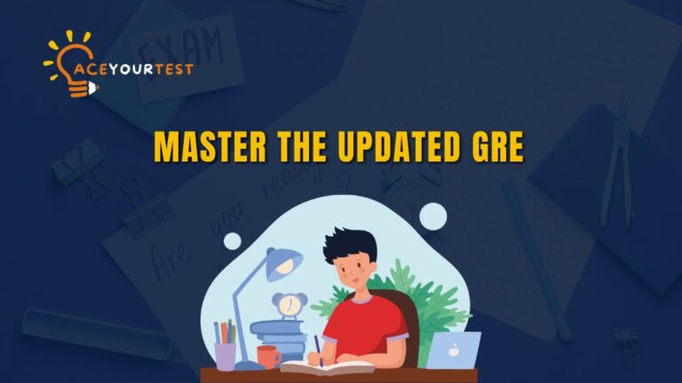 A student studying at a desk with books, laptop, and lamp under the heading “Master the Updated GRE.”