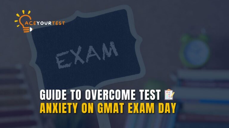 A chalkboard sign reading “EXAM” held in front of a blurred background with books and a clock, illustrating how to overcome test anxiety on GMAT exam day.