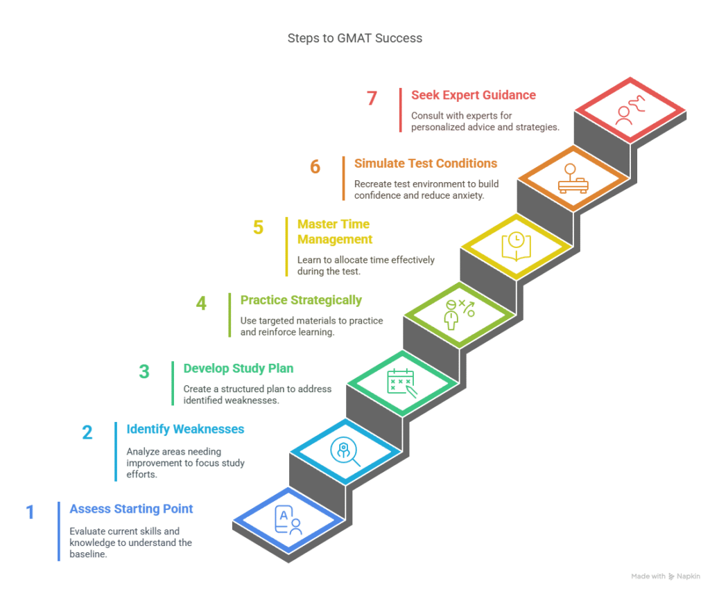 How to Start Anew After a Disappointing GMAT Attempt 1 A step-by-step infographic illustrating seven steps to GMAT success, including how to start anew after a disappointing GMAT attempt.