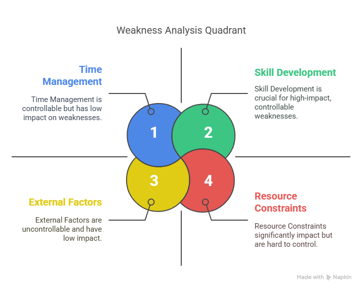 How to Start Anew After a Disappointing GMAT Attempt 2 Weakness Analysis Quadrant diagram breaking down GMAT prep challenges into time management, skill development, resource constraints, and external factors.